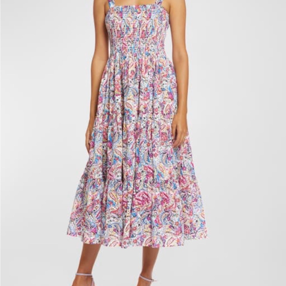 NWT Robert Graham Sophie Smocked Paisley-Print Midi Dress - Size S